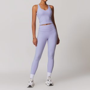 Women's Light Purple 7/8 Yoga Leggings Set, 2 Piece High Waist Workout Outfit, Seamless Buttery Soft Sports Bra + Cropped Leggings, Gym Fitness Activewear